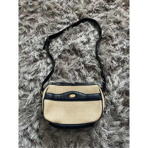 Eitenne Aiger Straw Crossbody Bag With Navy Blue Leather Straps Gold Hardware